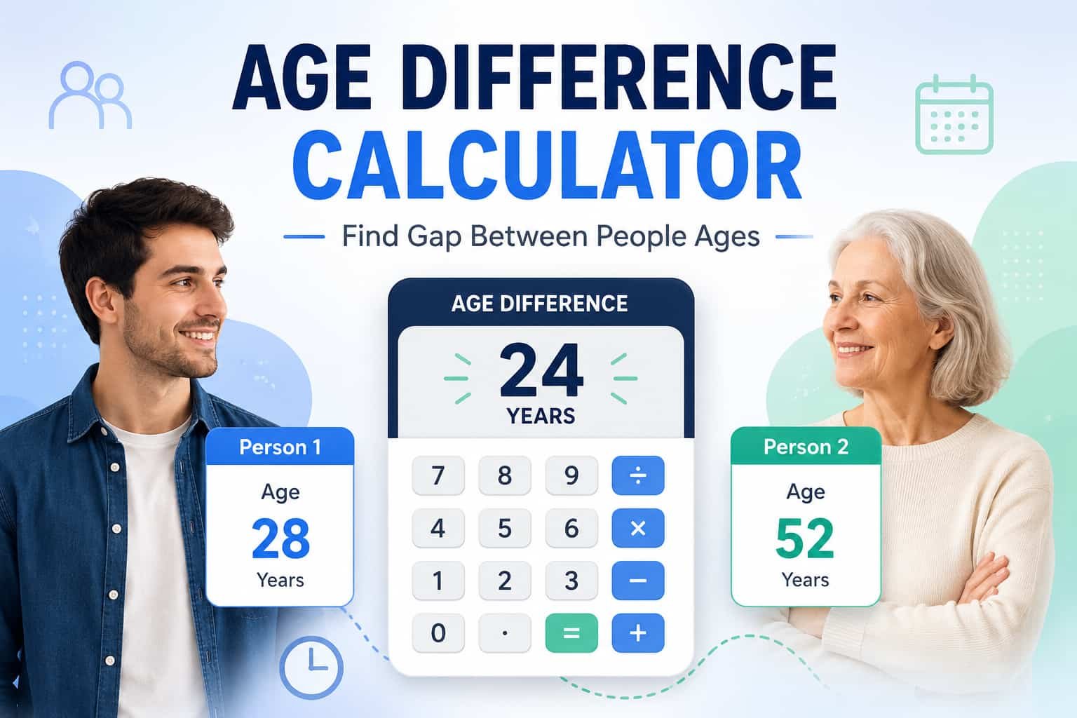 Featured image showing an Age Difference Calculator with two people of different ages and a calculator displaying the age gap between them, illustrating how to find the age difference between two people instantly.