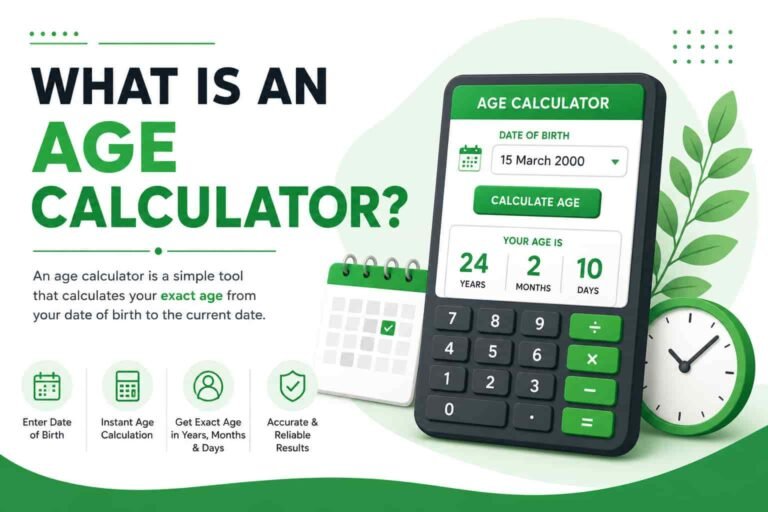 Modern illustration explaining what an age calculator is, featuring a digital age calculator, calendar, and clock used to calculate age from date of birth in years, months, and days.