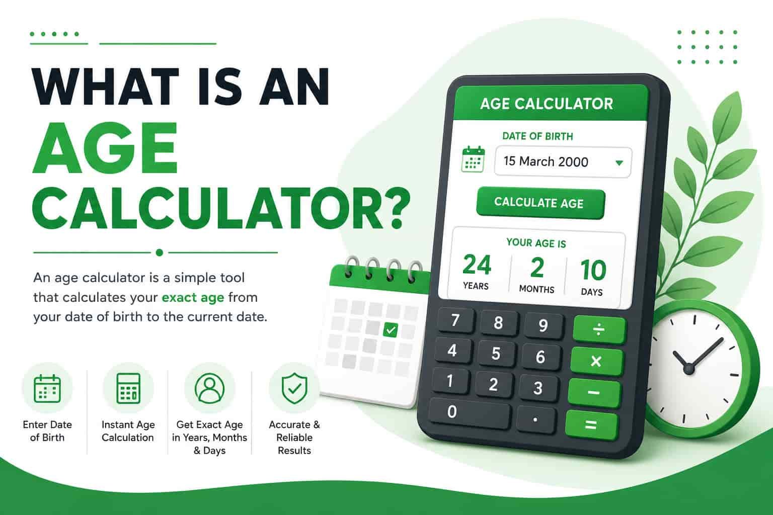 Modern illustration explaining what an age calculator is, featuring a digital age calculator, calendar, and clock used to calculate age from date of birth in years, months, and days.