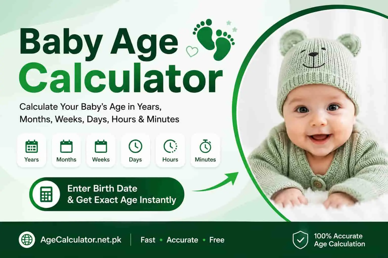 Baby Age Calculator showing a baby's exact age in years, months, weeks, and days