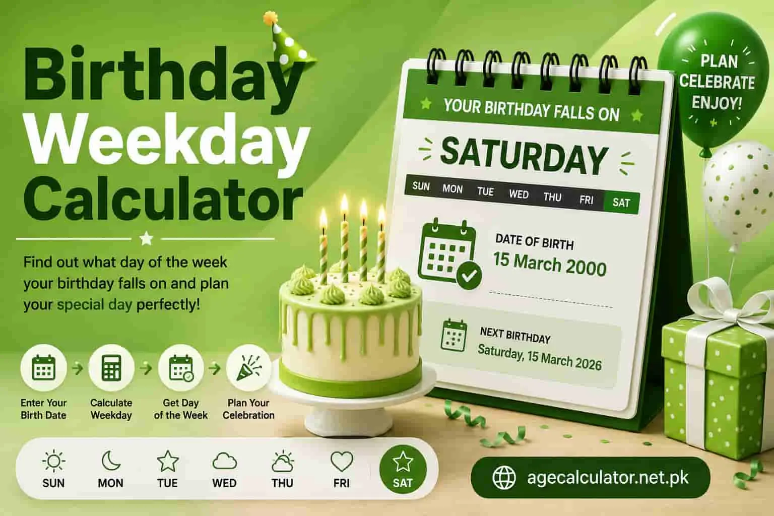 Birthday Weekday Calculator feature image showing a green birthday calendar, cake, balloons, gift box, weekday icons, and a calculator for finding what day of the week your birthday falls on.