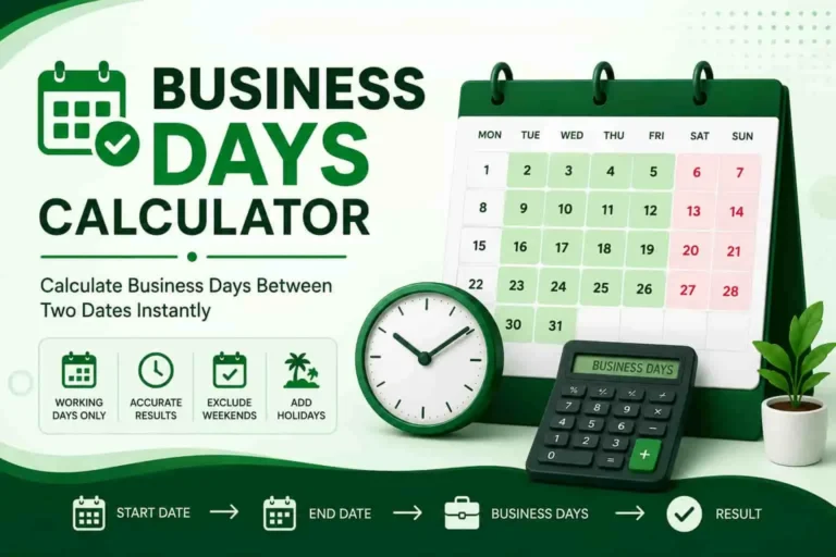 Business Days Calculator showing working days between two dates excluding weekends and holidays