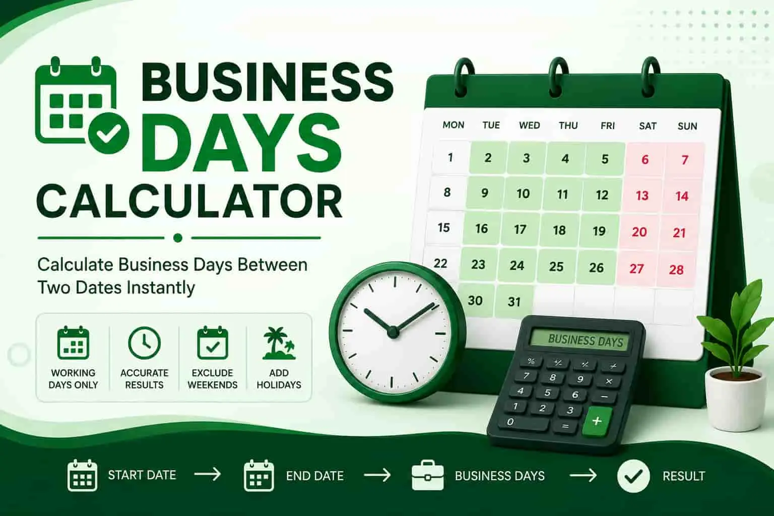 Business Days Calculator showing working days between two dates excluding weekends and holidays