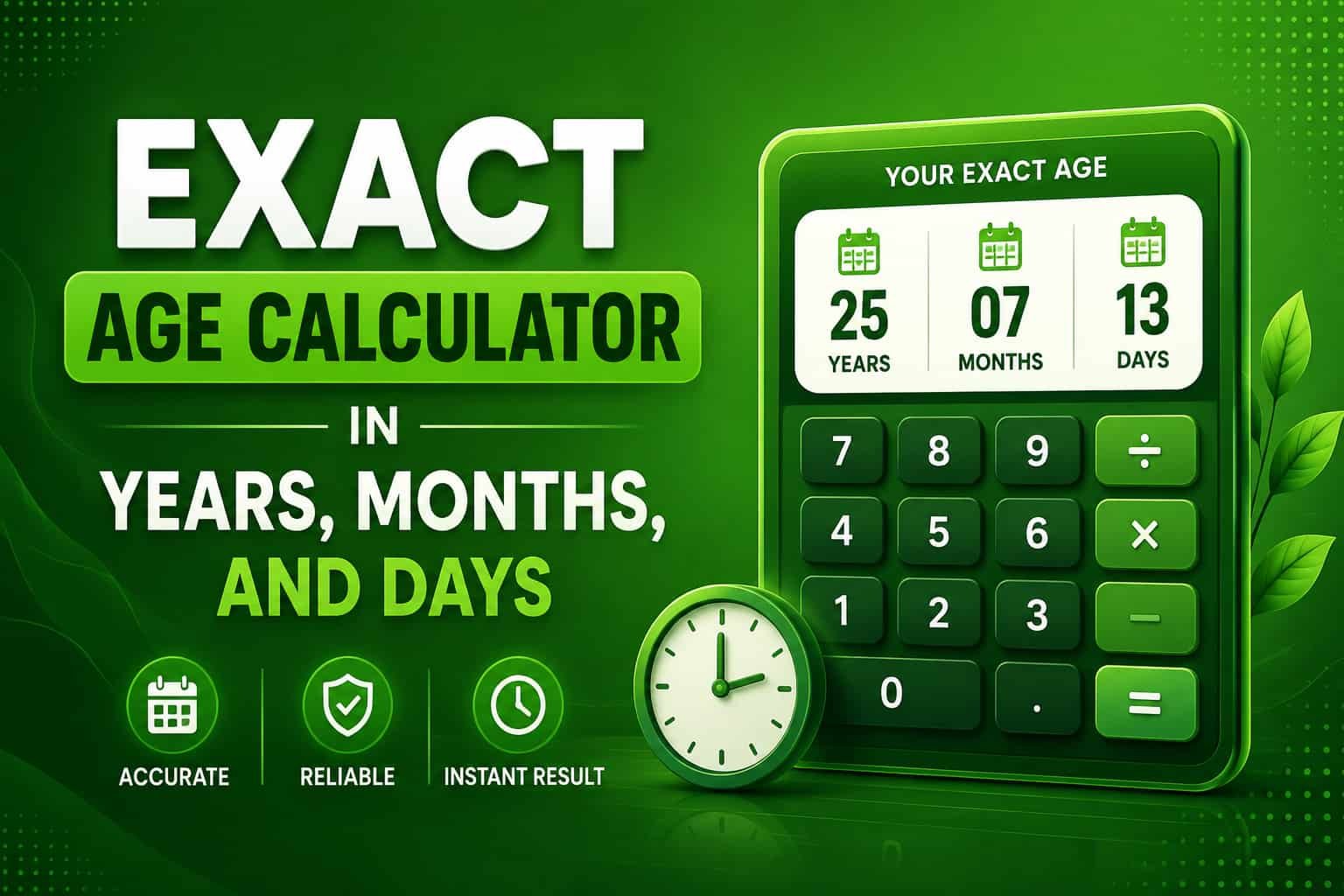 Exact Age Calculator in Years, Months, and Days with a green calculator interface displaying age results in years, months, and days.