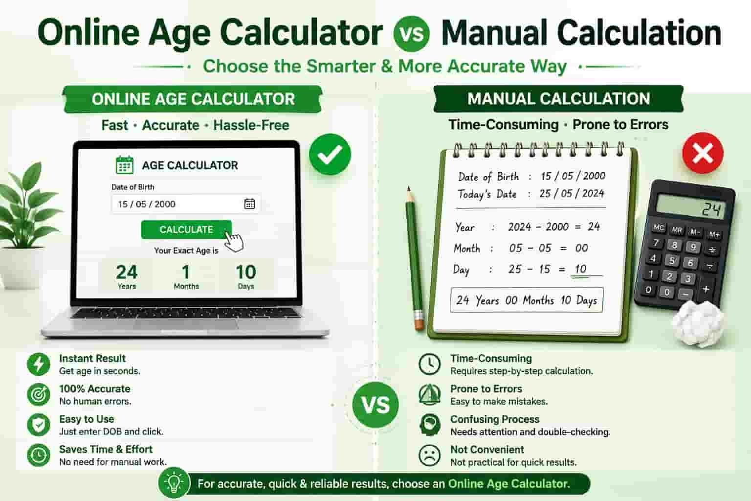 "Online Age Calculator vs Manual Calculation comparison infographic showing fast, accurate digital age calculation versus time-consuming manual age calculation with calendar, notebook, and calculator."