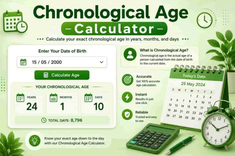 "Chronological Age Calculator infographic showing exact age calculation in years, months, days, and total days using date of birth with calendar, clock, and calculator icons."