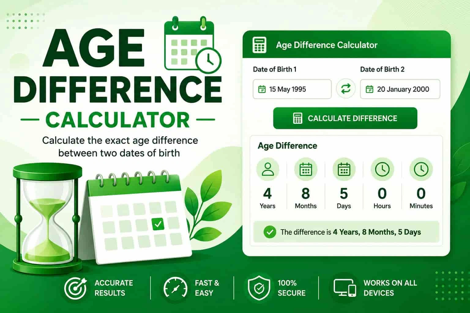Green Age Difference Calculator interface showing two birth date fields and the exact age difference in years, months, days, hours, and minutes.