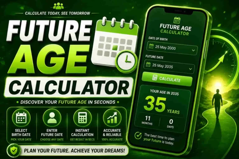 Green Future Age Calculator feature image with calendar, clock, smartphone calculator and future age result