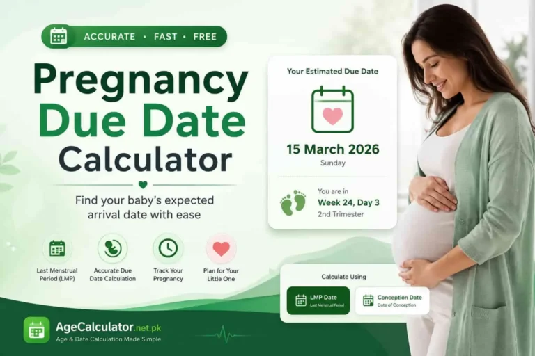 Pregnancy Due Date Calculator showing estimated due date and pregnancy timeline