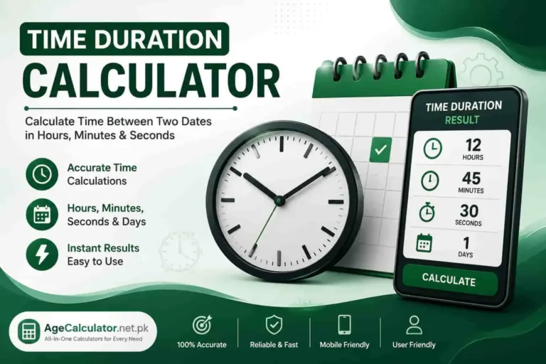 Time Duration Calculator showing hours, minutes, and seconds between two times