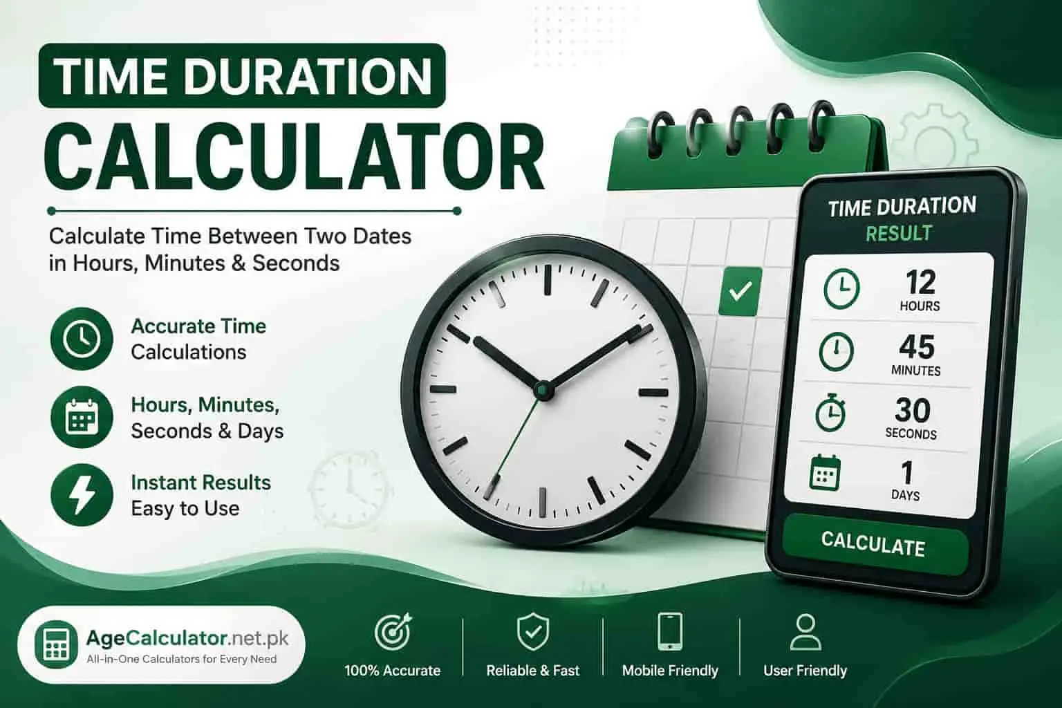 Time Duration Calculator showing hours, minutes, and seconds between two times