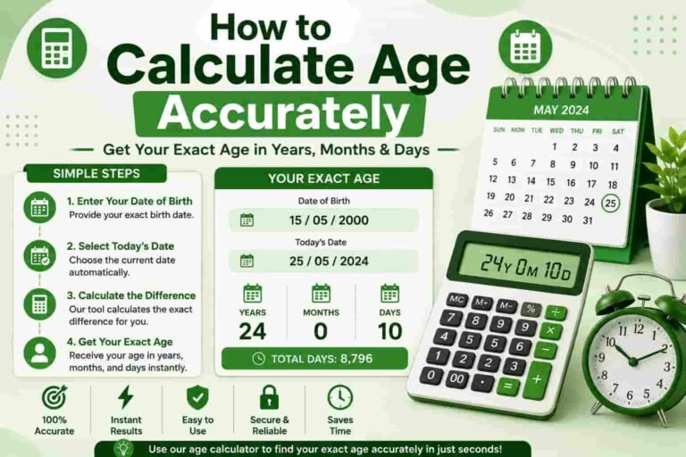 "Illustration showing how to calculate age accurately using a calendar, date of birth, calculator, and clock, with an example displaying age in years, months, and days."