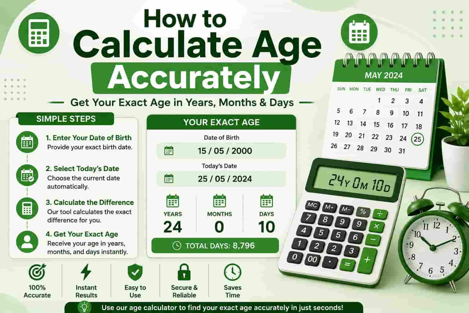 "Illustration showing how to calculate age accurately using a calendar, date of birth, calculator, and clock, with an example displaying age in years, months, and days."