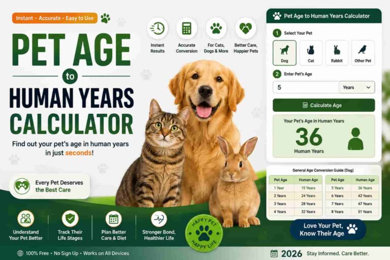 Pet Age to Human Years Calculator for converting pet age into human years